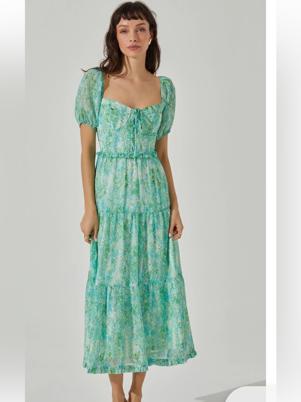ASTR The Label Bustier Puff-Sleeve Sweetheart Tiered Midi Dress size Small.